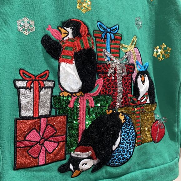 Girl Sz 7 Small Christmas Penguin Holiday Sweatshirt Festive Sequin Winter Fall - Picture 3 of 10